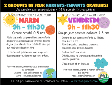 Participez aux groupes Parents-Enfants MARDI et/ou VENDREDI